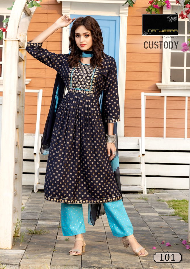 Custody By Manjeera Naira Cut Kurti With Bottom Dupatta Catalog
